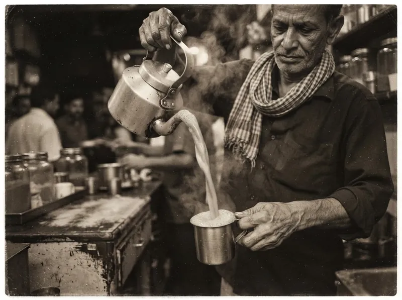 An Irani chai master pouring tea between two containers to raise froth