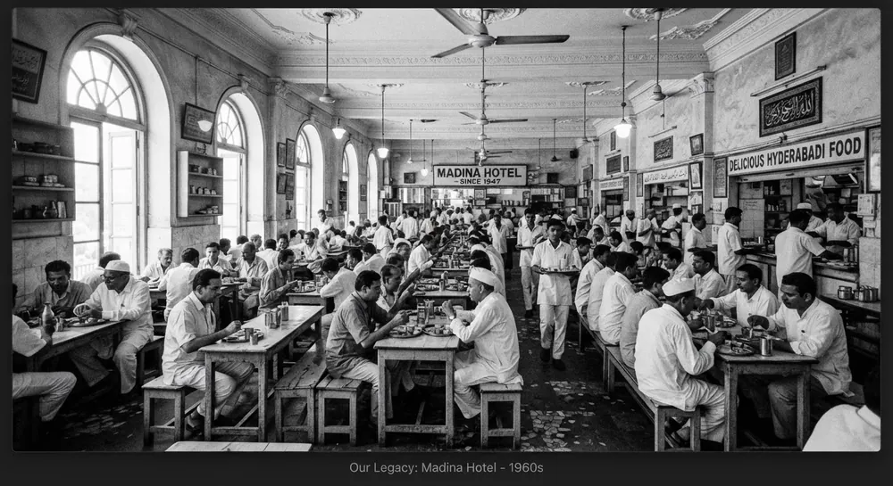 Archival photograph of the Madina Hotel dining hall in the 1960s, with rows of wooden tables and ceiling fans