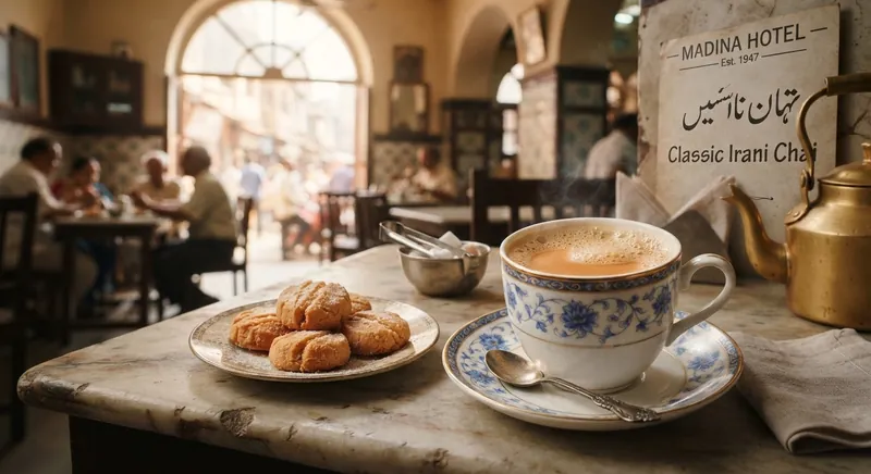 Irani chai in a traditional cup with a plate of Osmania biscuits on a marble table
