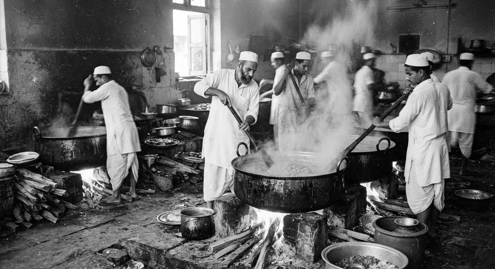 Archival photograph of large copper degs over wood fires in a traditional Hyderabadi kitchen