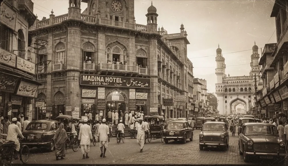 Archival photograph of the Madina Building and Pathergatti Road in the 1950s, with street traffic and the Charminar nearby