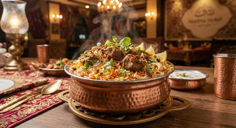 Mutton dum biryani served in a copper handi with saffron rice and fried onions