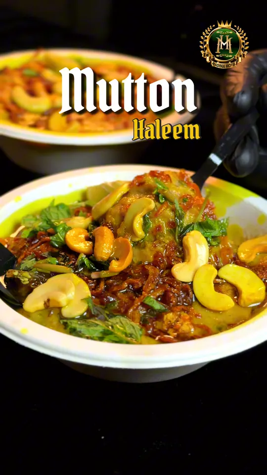 A bowl of Madina&rsquo;s mutton haleem topped with whole cashews, fried onion and fresh mint